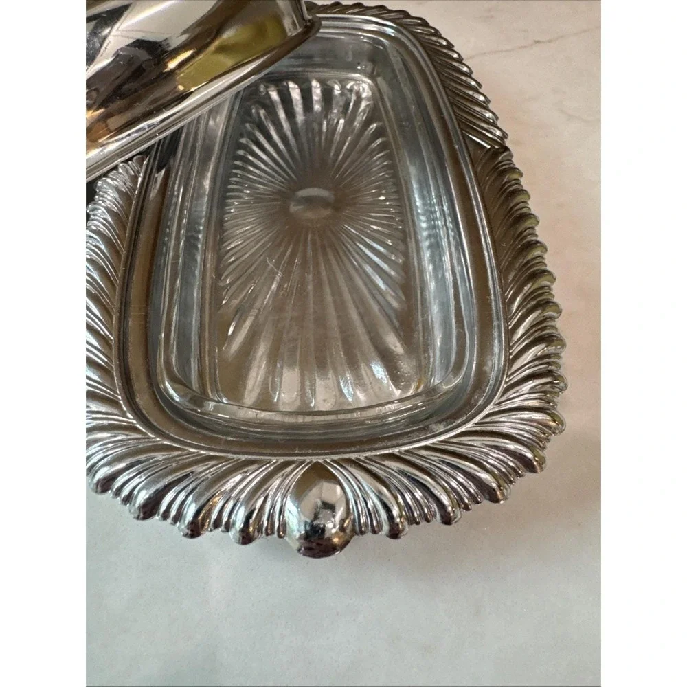 Vintage Chrome Lidded Butter Dish with Glass insert Used